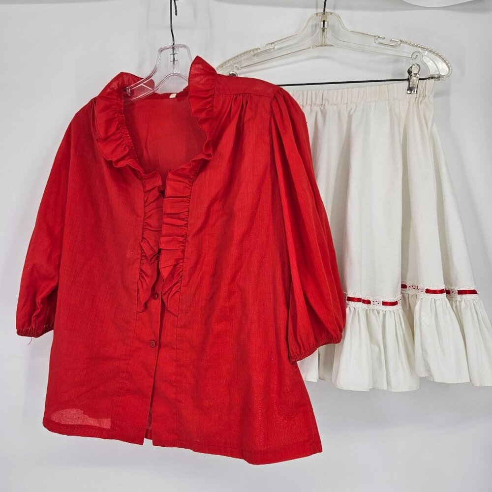 Ruffle Shirt Top Skirt Set M Red White Lace Trim Cotton Blend Dance Western USA